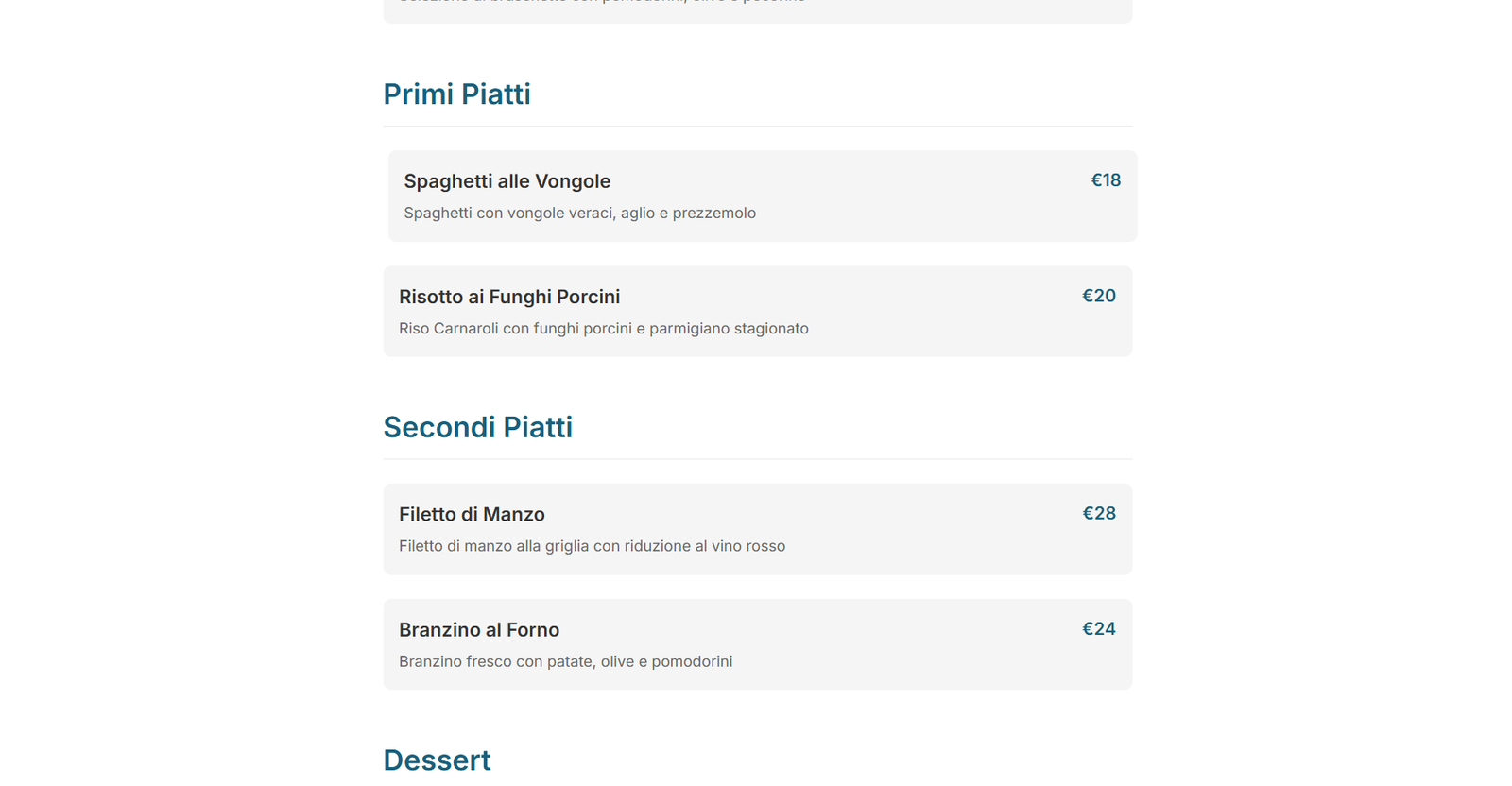 Menu ristorante